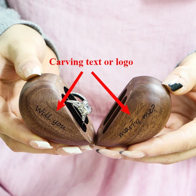 Engraved Walnut Wood Heart-Shaped Double Ring Box for Wedding/Anniversary Gifts Jewelry Organizer