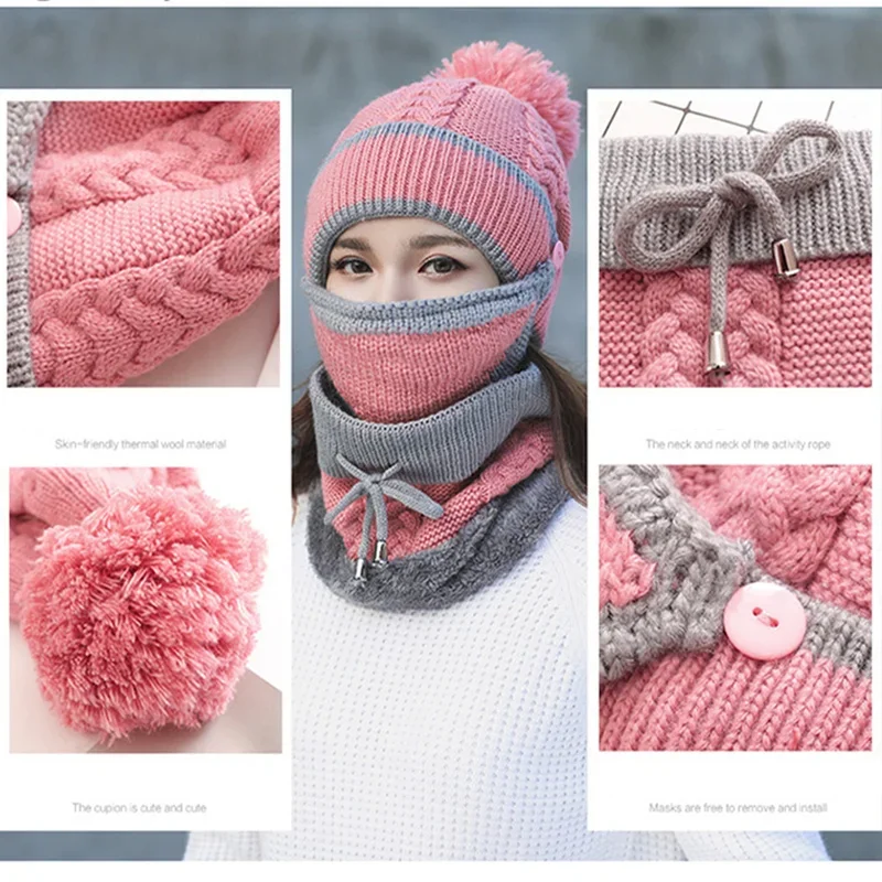 Chapeaux d'hiver pour femmes avec fermeture éclair, ajouter de la fourrure, garder le visage au chaud, casquette à pompons cagoule, Smile