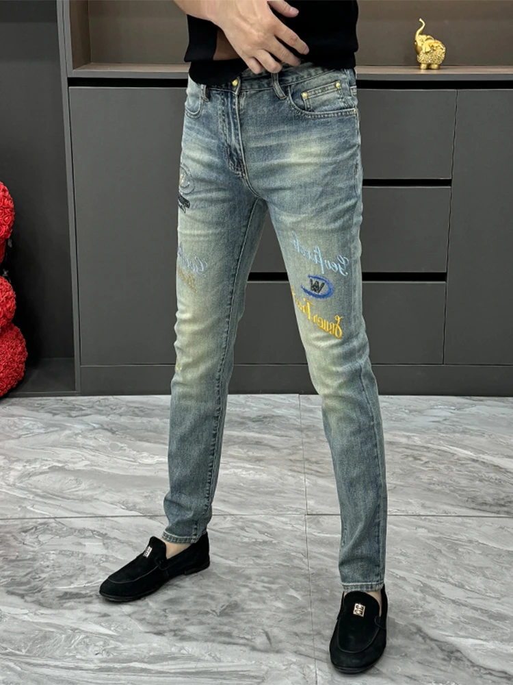 

Fashionable Embroidered Slim Fit Jeans Men's Summer New Style Casual Diamond Heat Pressed Small Foot Pants Versatile Leisure ...
