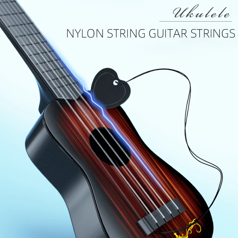 Music-orientated children's guitar toy that can be played with a pick to imitate basic musical instruments, resembling a ukulele