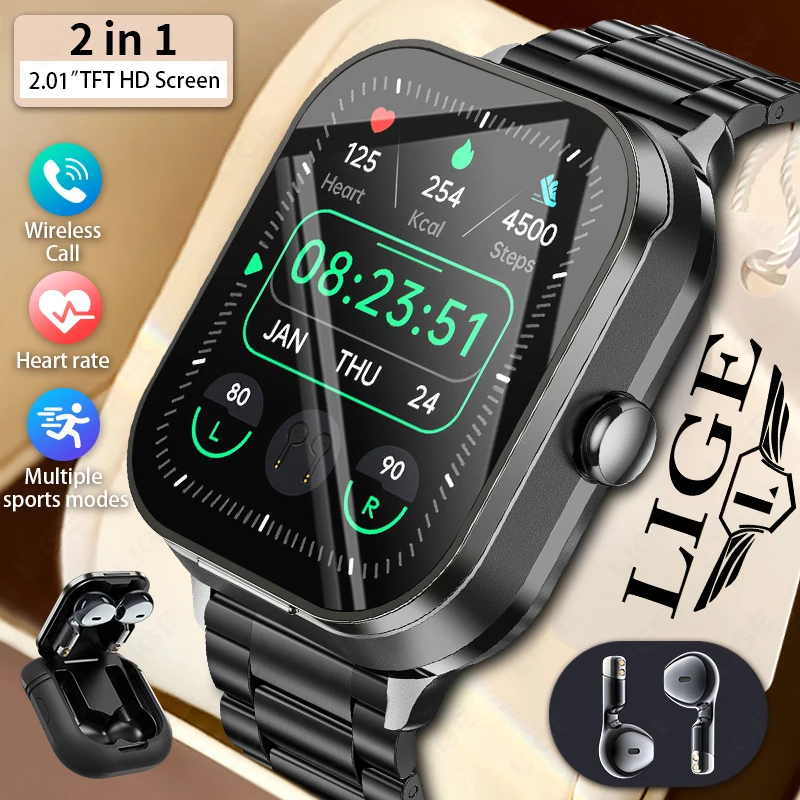 

New 2-in-1 TWS Wireless Headphone Bluetooth Music Smart Watch Men Women Sport Fitness Watch Waterproof NFC Calling Smartwatches