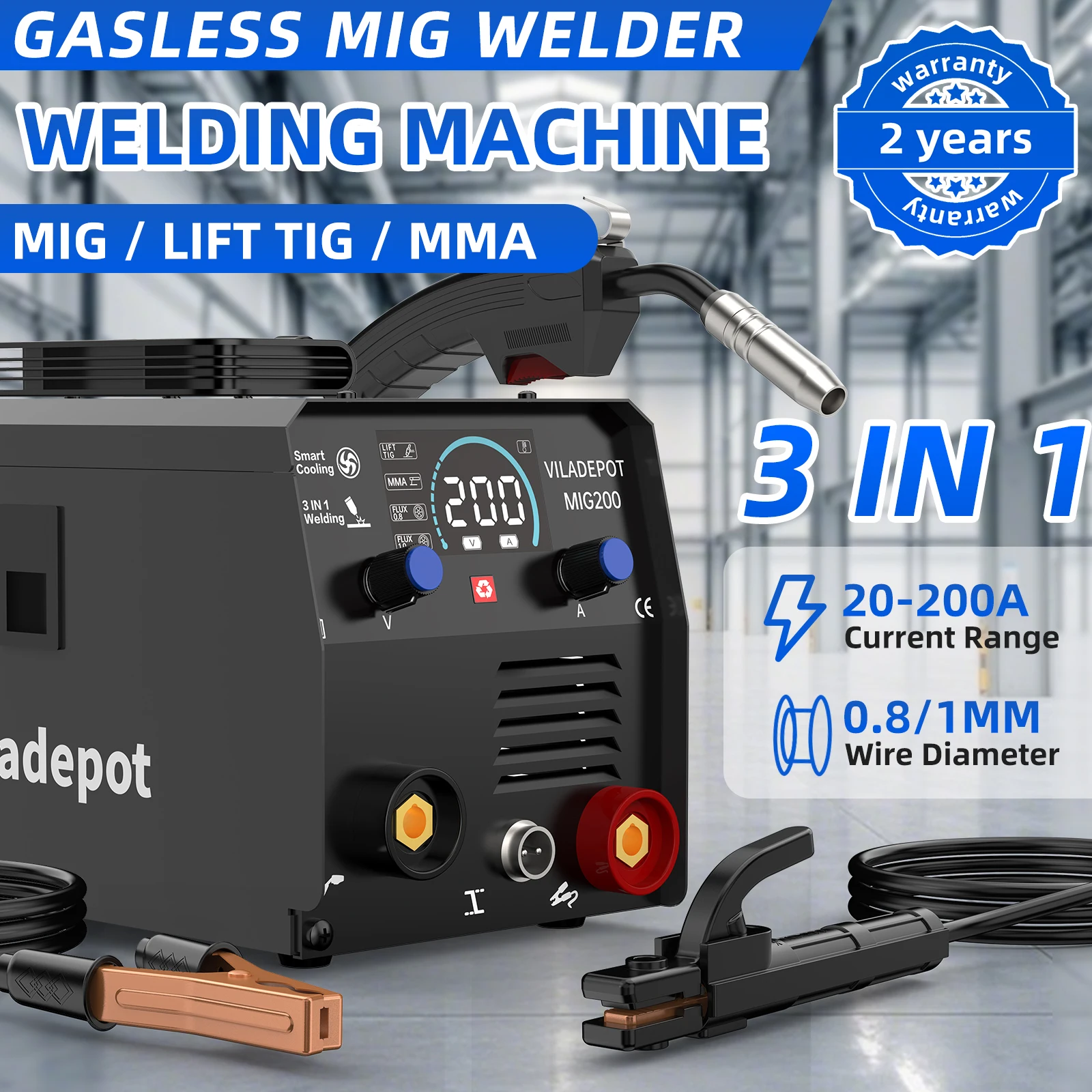 Machine à souder 3-en-1 Viladepot MIG200 sans gaz, fil fourré/TIG Lift/MMA 200A 220V, soudeuse MIG à affichage numérique