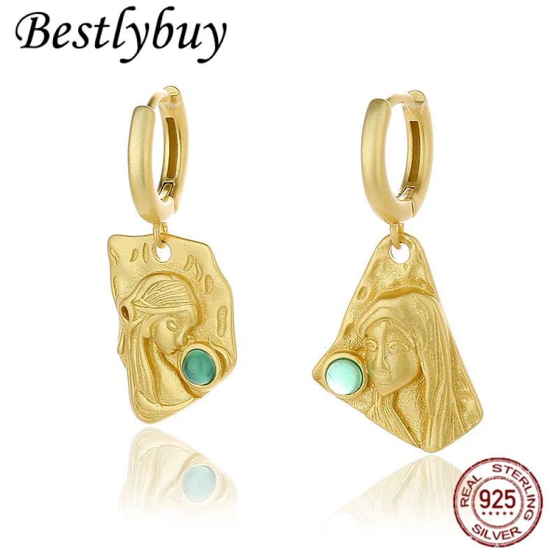 

NEW 925 Sterling Silver Plated 18K Gold Original Design Irregular Baroque Goddess Head Pendant Earrings For Women