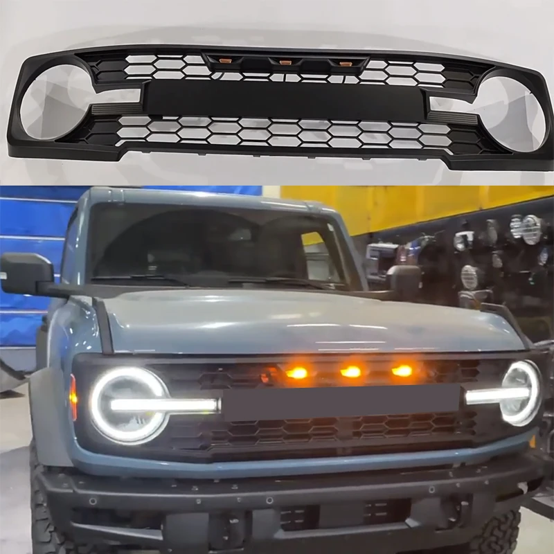 

ABS Car Front Grills Upper Bumper Mesh Grille Raptor Style Amber LED For Ford Bronco 2021 2022 2023 Racing Grille Matte Black