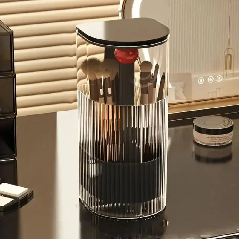 Automatic lifting makeup brush holder with dustproof lid