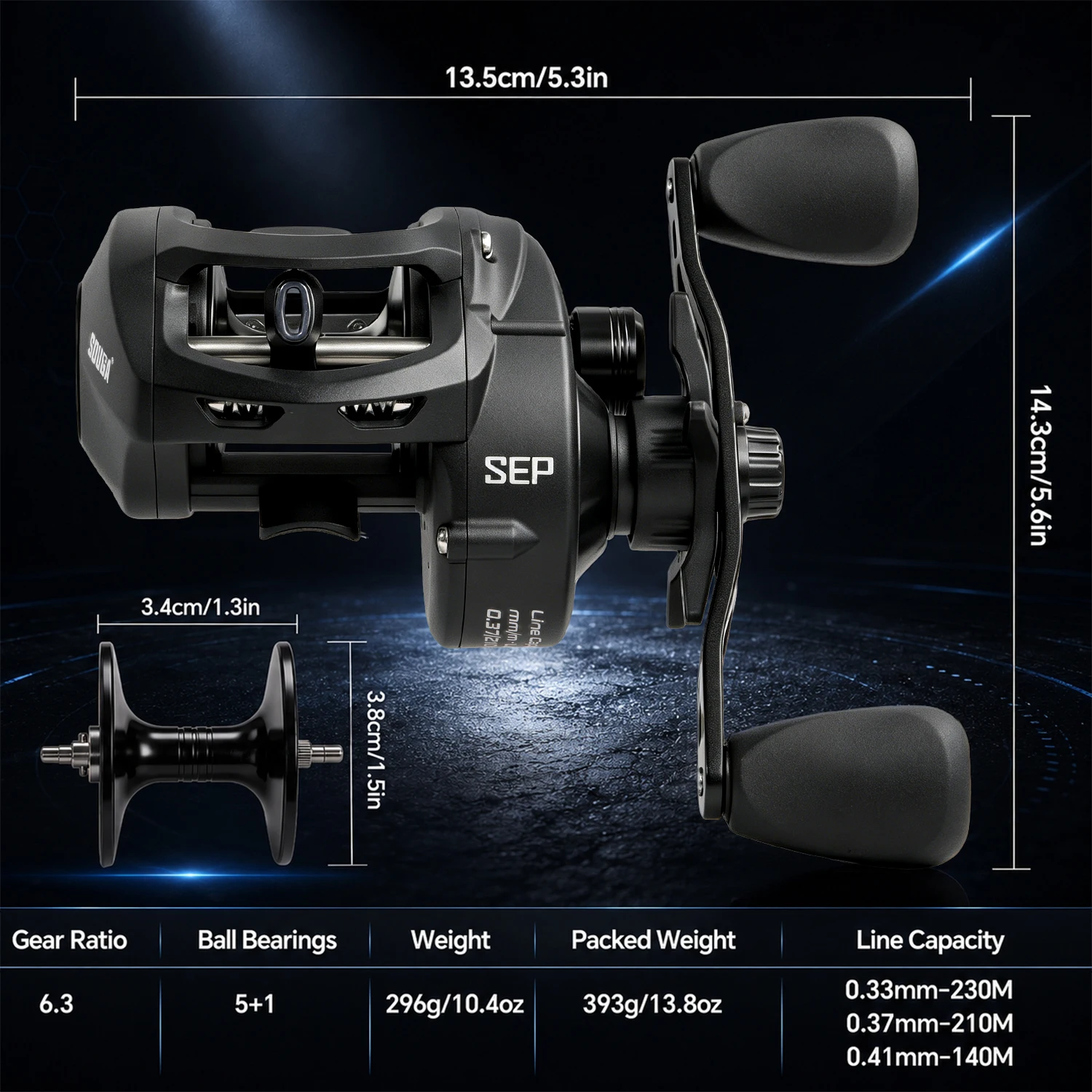 Sougayilang Baitcasting Reel 6.3:1Gear Ratio 5+1BB 10-Magnet Brake Oversize Deep Spool Brass Gear Saltwater Casting Fishing Reel