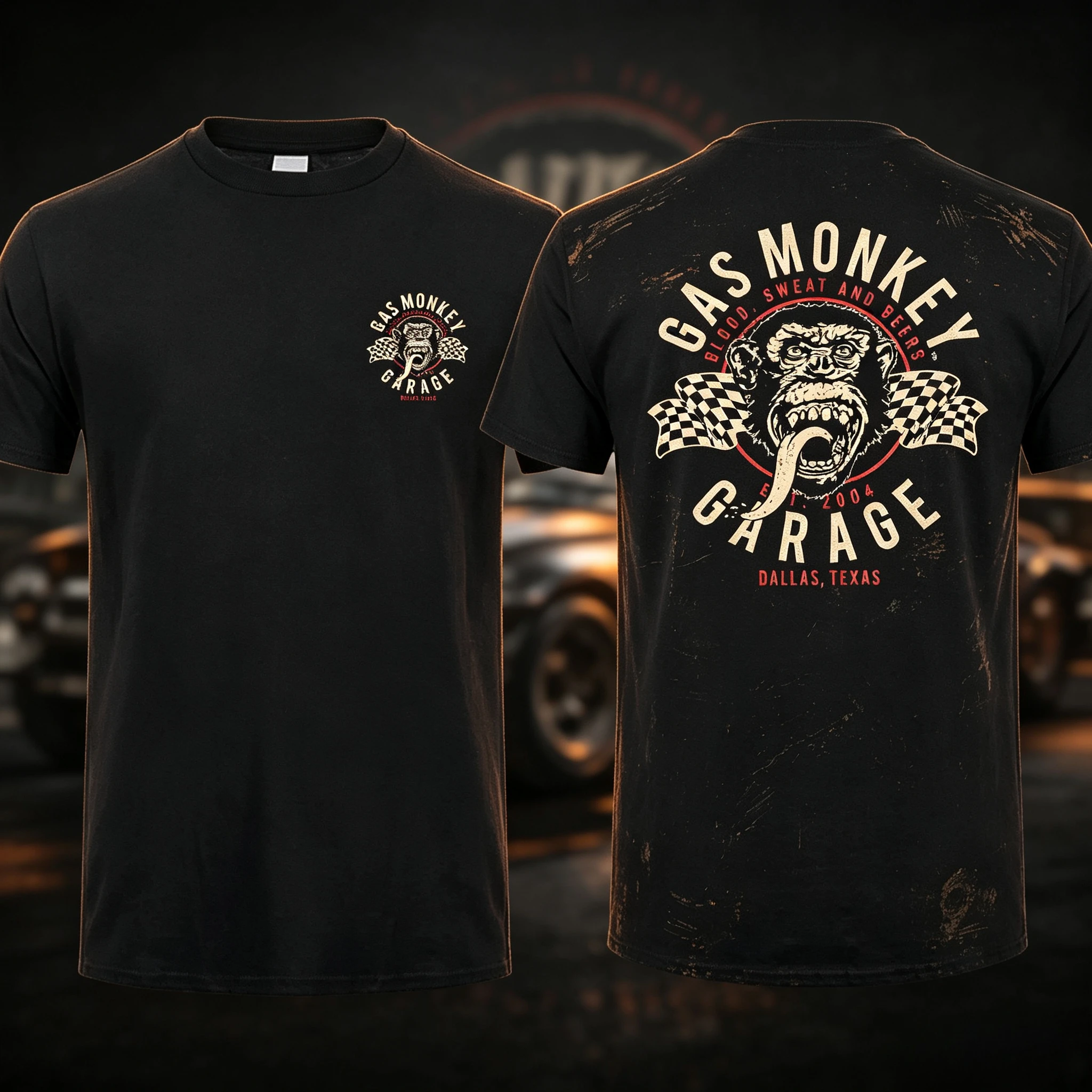 Men Black Crew Neck T-shirt Double Sided Gorilla Racing Flag Graphic Print Short Sleeve Unisex Retro Car Culture Streetwear Tops