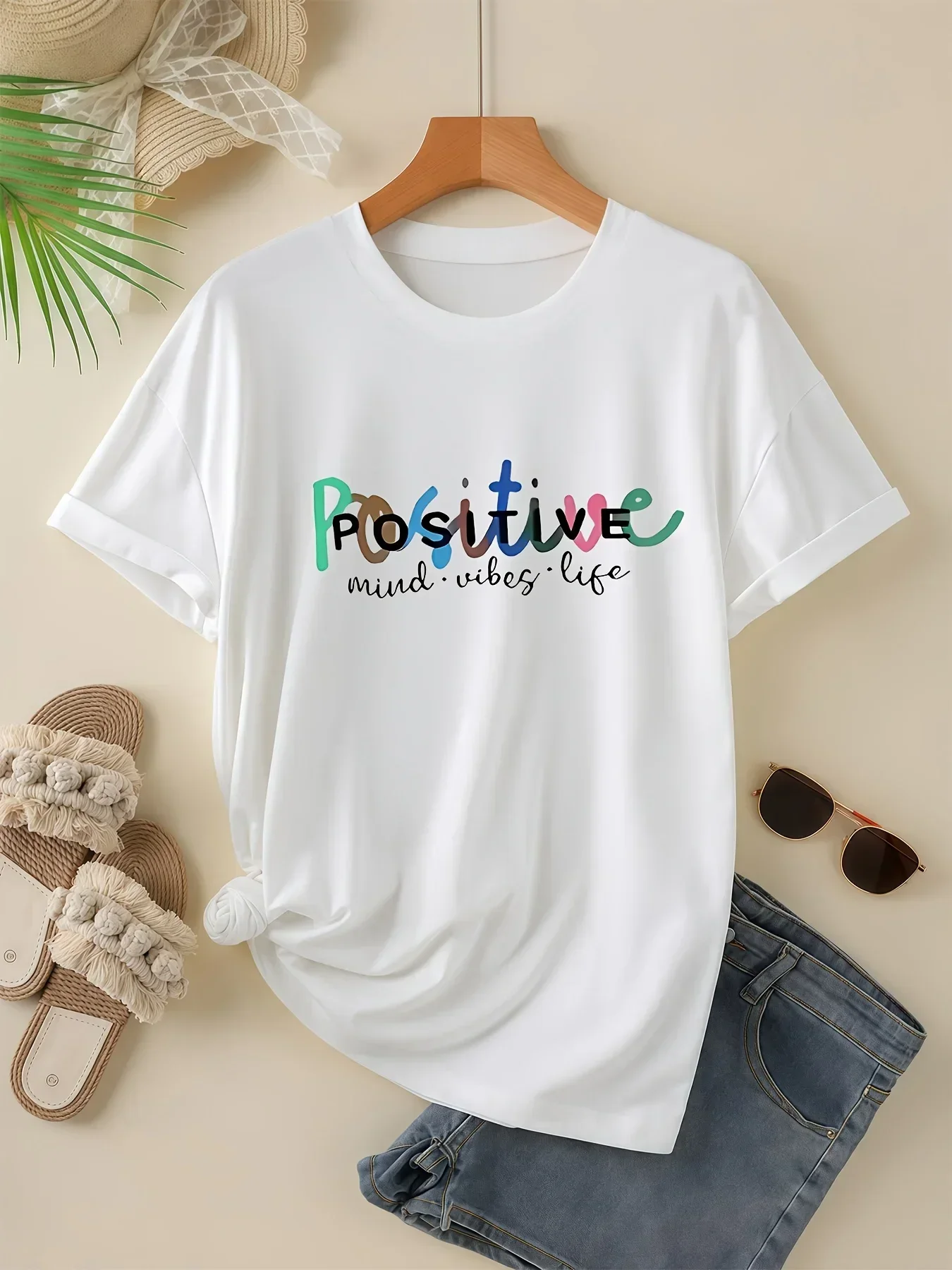 Positive Mind Vibes Life Graphic Tee Women Colorful Letter Print Short Sleeve White T-Shirt Loose Fit Casual Summer Trendy Top