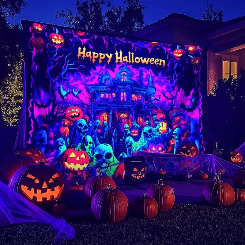 VIKAMA Halloween UV Fluorescent Ghost House Ghost Pumpkin Tapestry Thriller Bat Skull Wall Hanging Bedroom Dormitory Party Decor