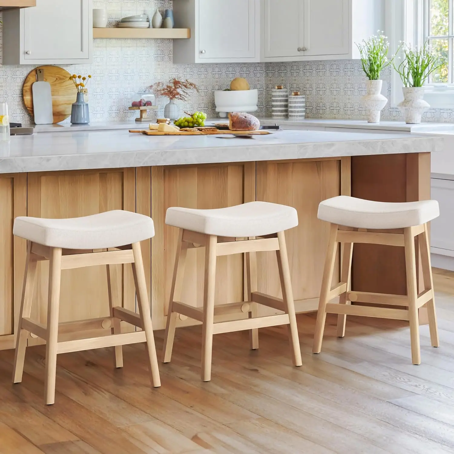 

Bar Stools Set of 3, Barstools with Sturdy Wood Legs, Saddle Seat Counter Height Bar Stools for Kitchen Counter