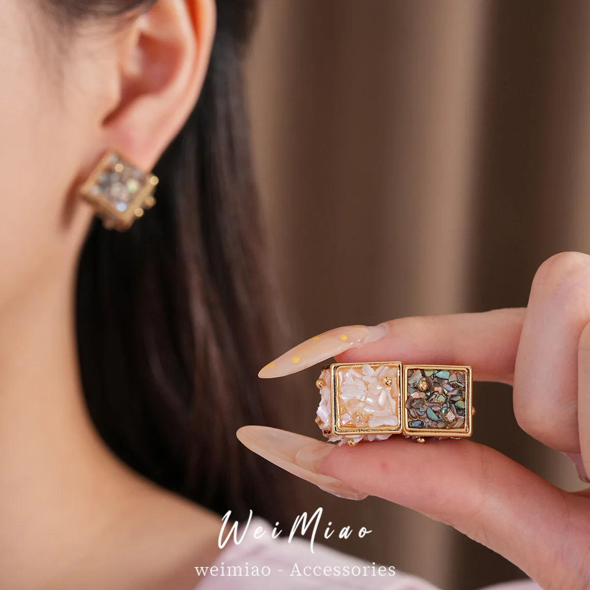 3D Geometric Cube Stud Earrings Colorful Natural Shell Mosaic Inlay Gold Frame Ear Studs Unique Artistic Women Jewelry