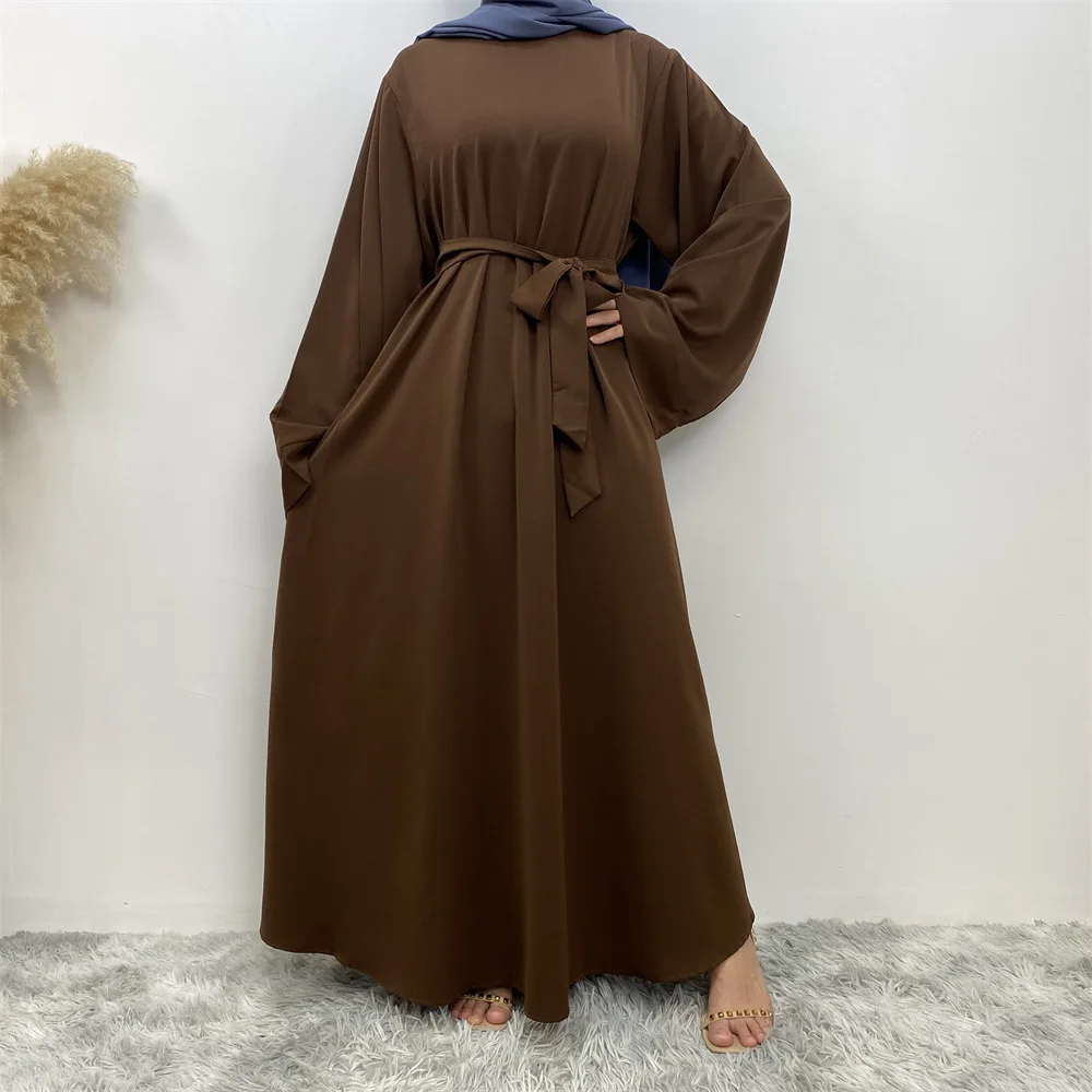 ผู้หญิงมุสลิมตะวันออกกลางดูไบสีทึบ LACE-Up ชุด Abaya หลวม Robe ตุรกียาวแฟชั่นชุด