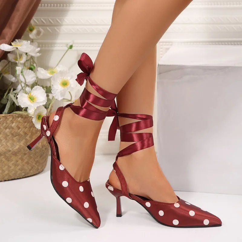 

Polka Dot Lace-up Pointed Toe Stiletto Women's Spring and Summer Baotou Sandals