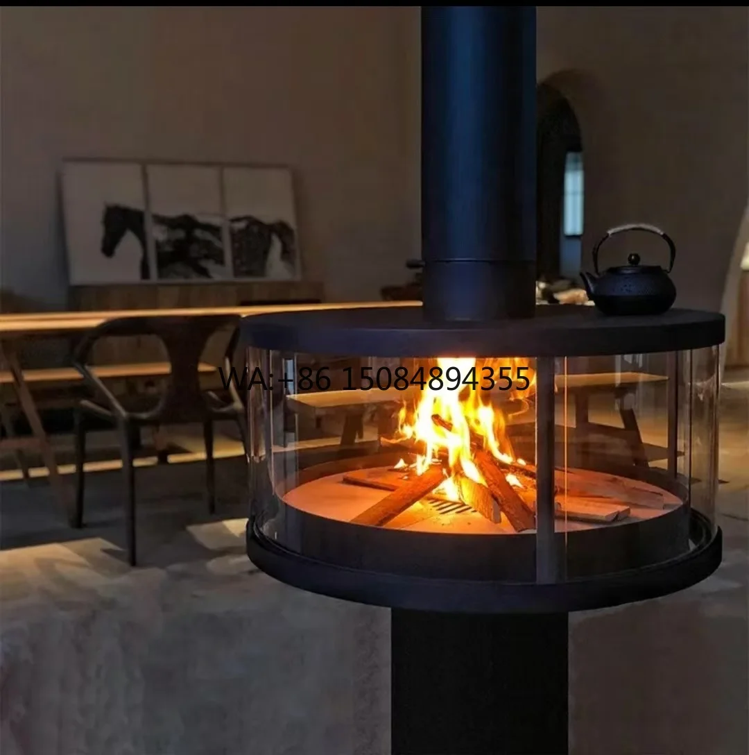 33 Inch Natural Luxury Indoor Large Log Fire Wood Burning Fireplace Stove Clear 360 Degree Window