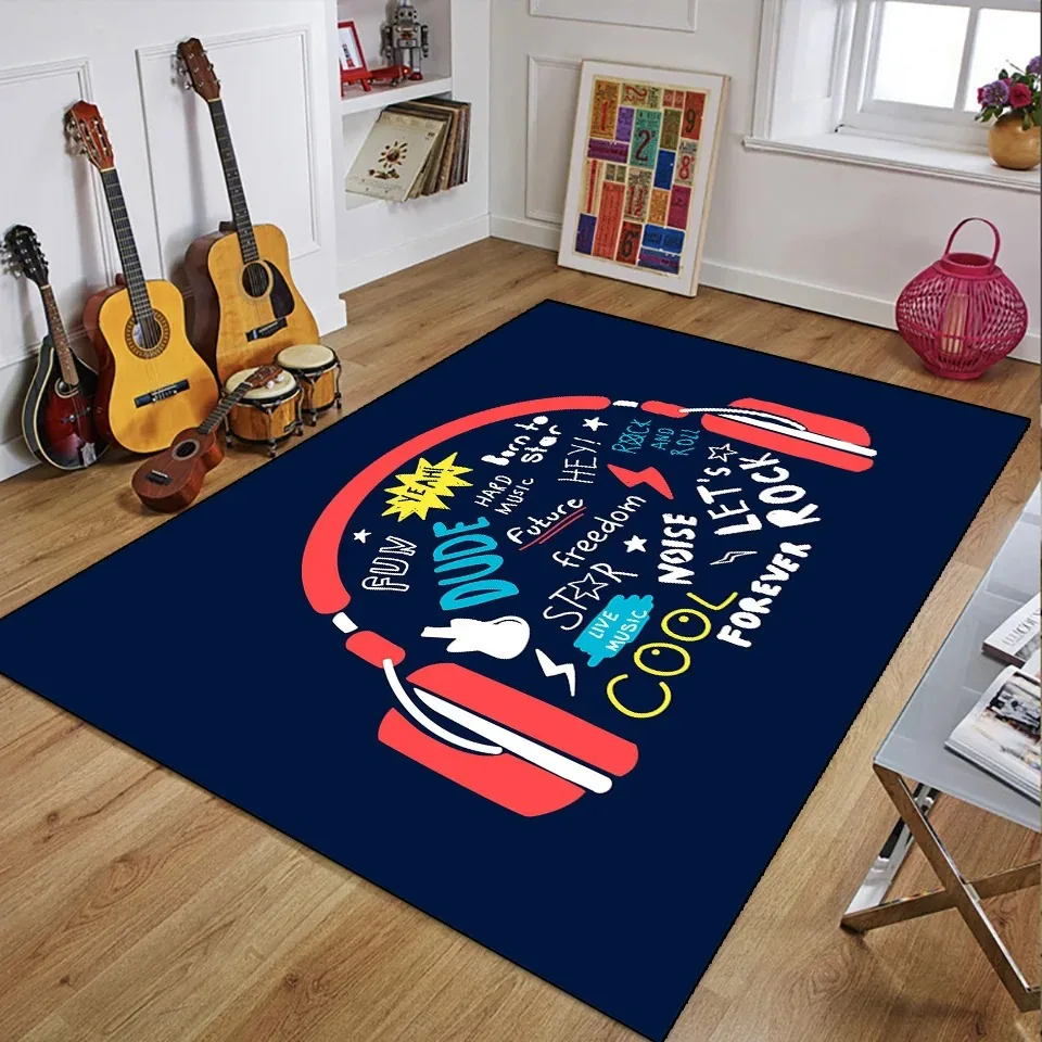 Retro Music Theme Round Area Rug with Guitar Headphone Cassette Patterns Floor Mat for Vintage Music Room Home Decor