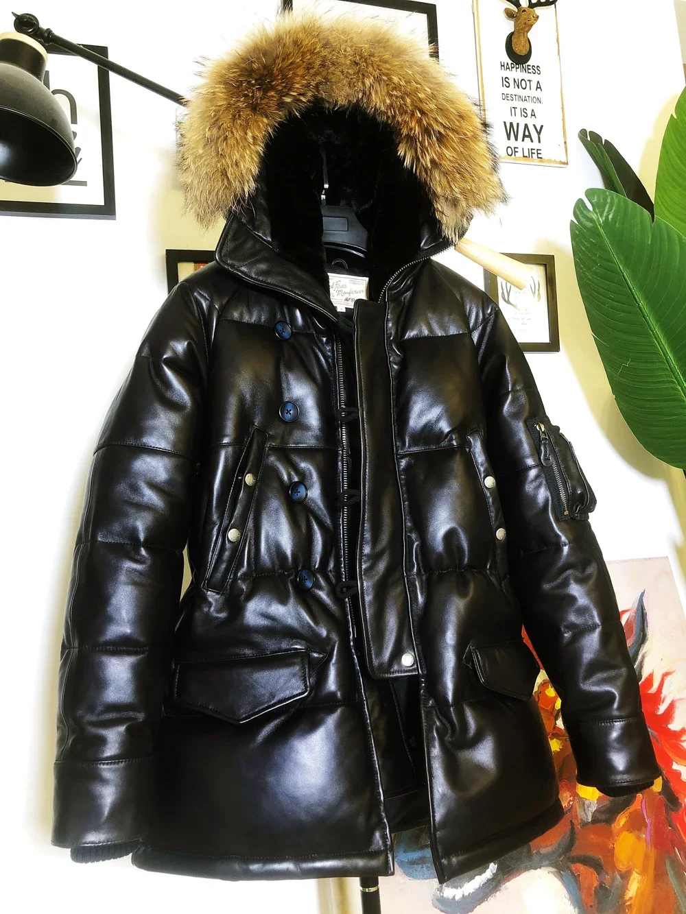 

Tailor Brando N3B Euro Super Top Quality French Sheepskin Aviator Mid Length Leather Down Jacket With Genuine Raccoon Colla