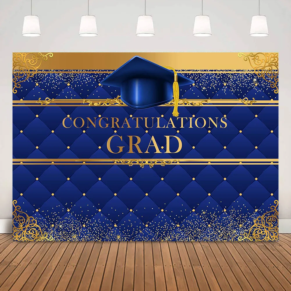 Congratulations Grad Background for Party Decorations Royal Blue Graduation Golden Dots Backdrop Class of 2022 Photo Booth Props