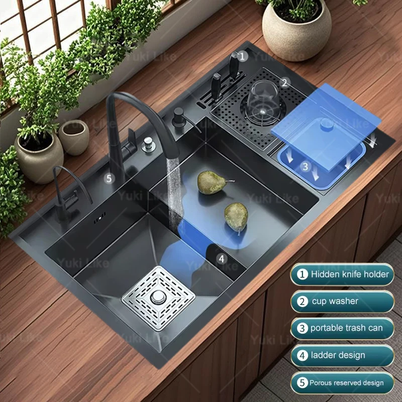 

New Stepped Stainless Steel Sink Kitchen Multifunctional Cup Washer Dishwashing Sinks Large Single Slot Washbasin