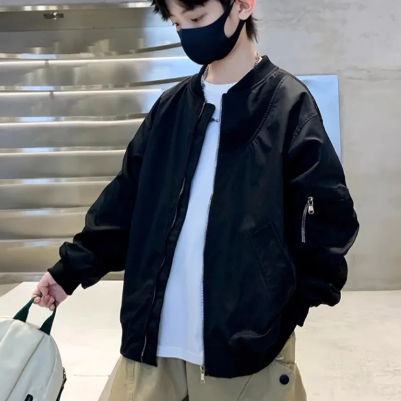 سترة بيسبول للأولاد لربيع وخريف 2025 بتصميم كوري، سترة سوداء فضفاضة برقبة دائرية مناسبة للأطفال الكبار #6