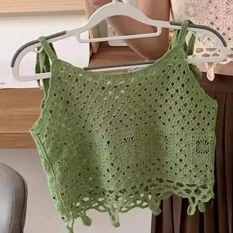 Sleeveless Shoulder Tie Crochet Top Blouse Outdoor Knitted Short Blouses Vest For Women Fairycore Cottagecore Outfit