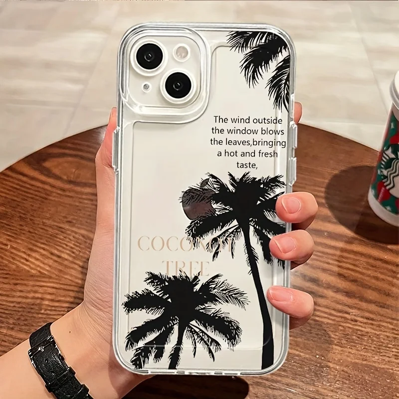 

INS Black Coconut Tree Phone Case For iPhone X XR XS 11 12 13 Pro 14 15 16 Pro Max 7 8 SE 2022 2020 16E Transparent Funda Cover