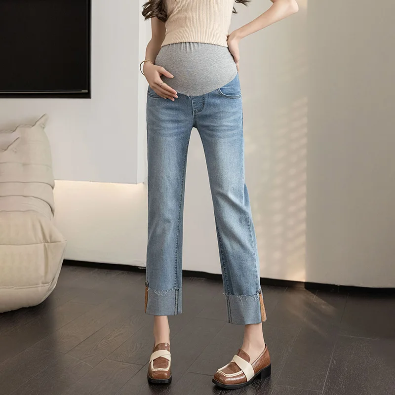 

Rolled Up 9/10 Straight Stretch Denim Maternity Jeans 2024 Spring New Fashion Belly Pants for Pregnant Women Casual Pregnancy