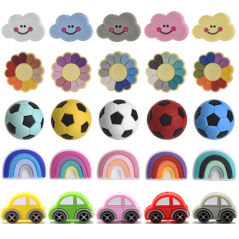 10Pcs Silicone Beads Flower Rainbow Ball Cloud Car Shape Food Grade Teether Beads for Baby DIY Pacifier Clip Chain Chewing