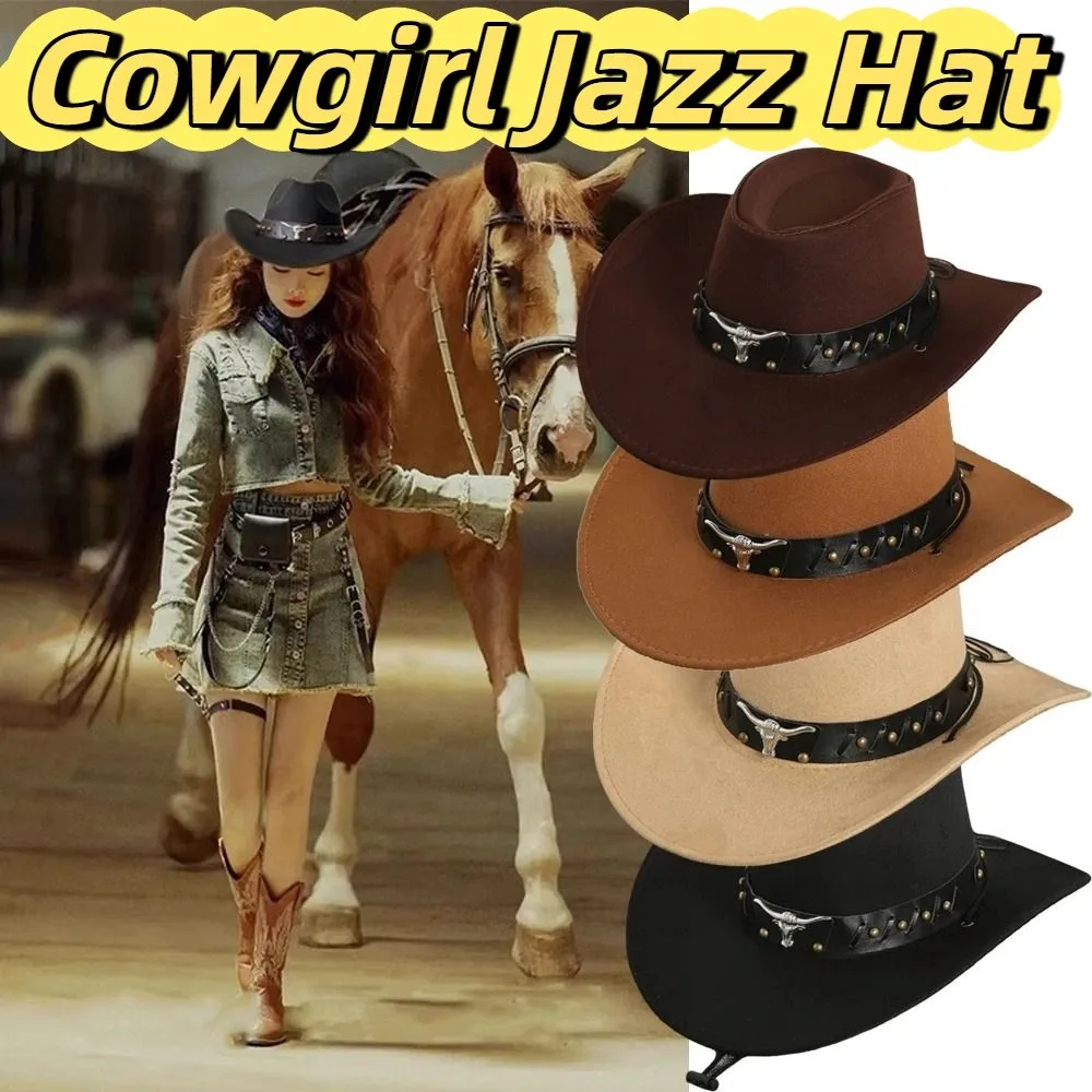 

Gentleman Ethnic Style Western Cowboy Hat Cow Head Wide Brim Cowgirl Jazz Hat Polyester Roll Brim Visor Caps Cycling