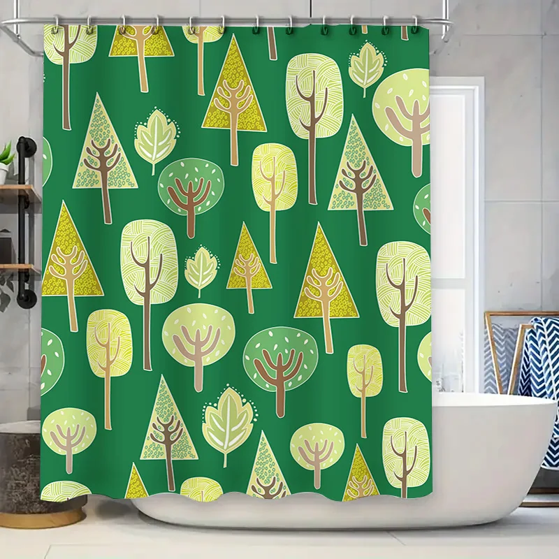 

Green Plaid Shower Curtain with Forest Print Decorative Bath Accessories for Bathroom Easy Installation Water Resistance Perfect