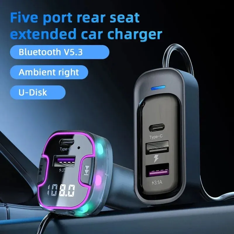 Bluetooth 5.3 Transmissor FM Car Kit, Handfree, Back Row, Dual USB, Carregador 3.1A, Suporte U Disk, Modulador MP3, Leitor de música