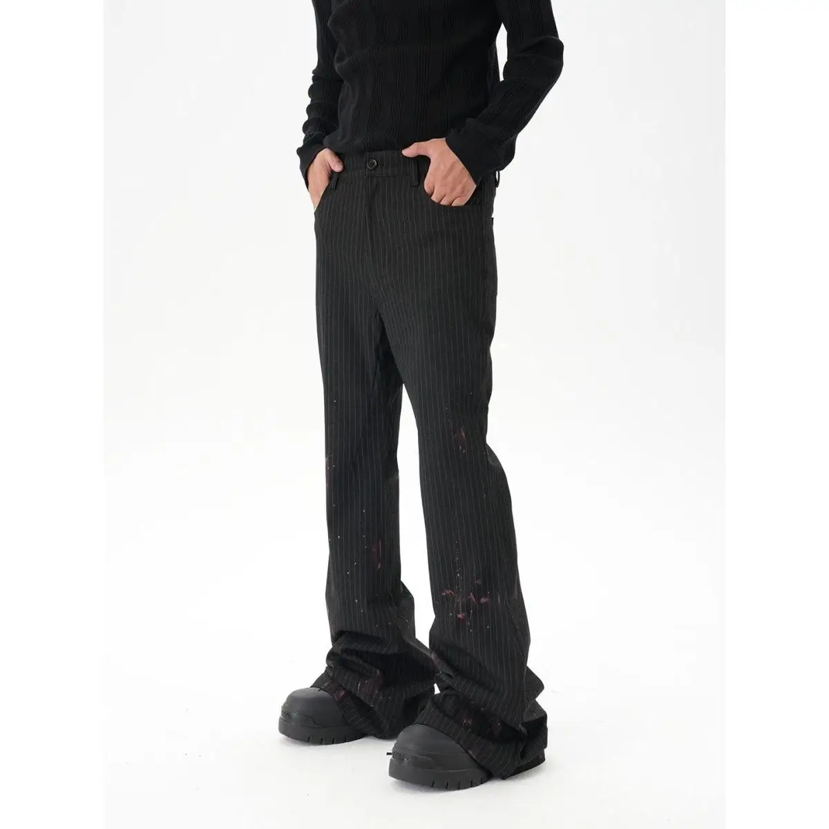Men's Splash Ink Design Striped Flared Pants Punk Style Casual Sweatpants Cool Boy High Waist Bottoms Male Straight Trousers