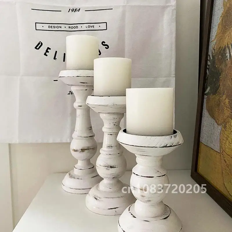 

1Piece or 1Set Wood Candlestick Tabletop Retro White Candle Holder Home Decoration Wooden Candles Rack Nostalgic Photography