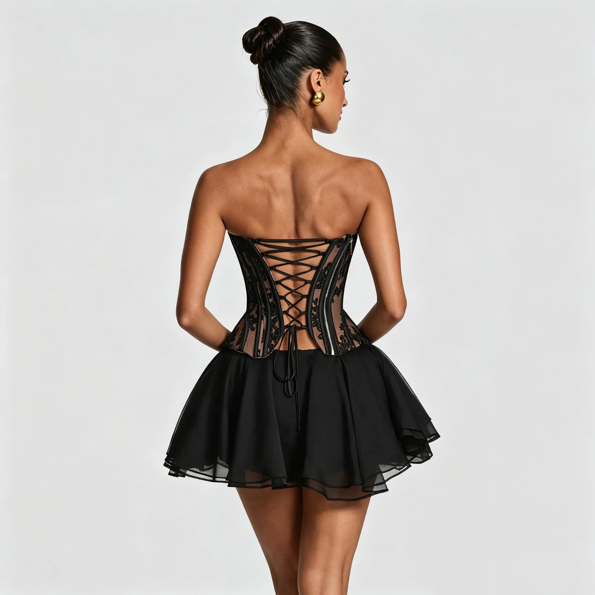 Mingmingxi Summer Sexy 2 Pieces Set Black Strapless Corset Dress Lace Up Top and Fluffy Mini Skirt Set Casual Club Party Dress view 5