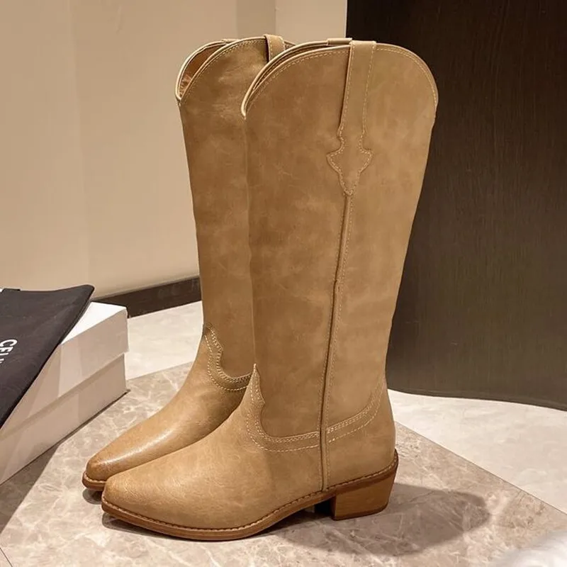 حجم كبير 42 جديد المرأة المطرزة الغربية حذاء برقبة للركبة كاوبوي راعية البقر الأحذية صندل بكعب مكتنز منصة أحذية النساء الأحذية الغربية #4