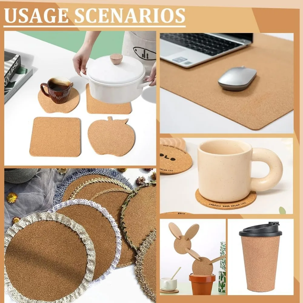 6PCS Cork Sheet, 12x8inch Sandy Brown Cork Board, Insulated Cork Coasters, for Kitchen Hot Pads, Coasters and Announcement