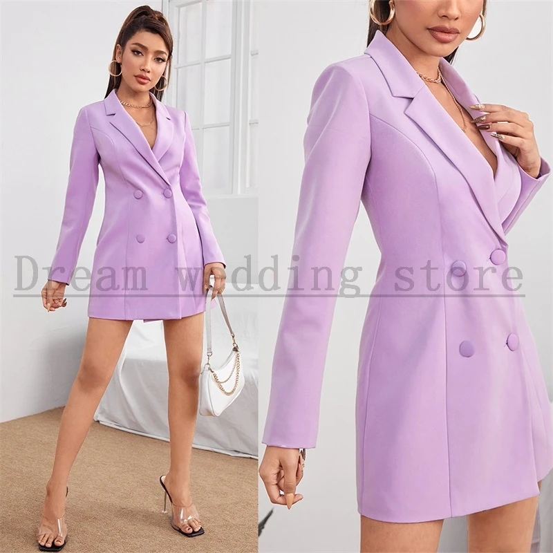 Lavender Women Suits 1 Pcs Long Blazer Formal Prom Dress Double Breasted Business Office Lady Short Mini Party Gown Jacket