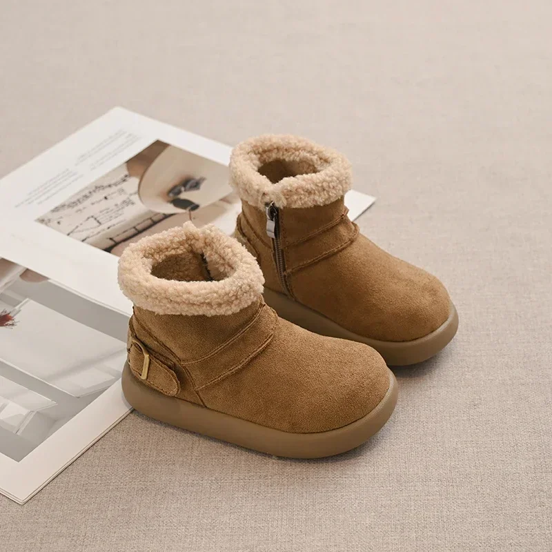 Toddler Kids Winter Ankle Boots, Fleece Lined Warm Baby Boots, Side Zipper Buckle Decor Non Slip Shoes for Outdoor Daily Wear