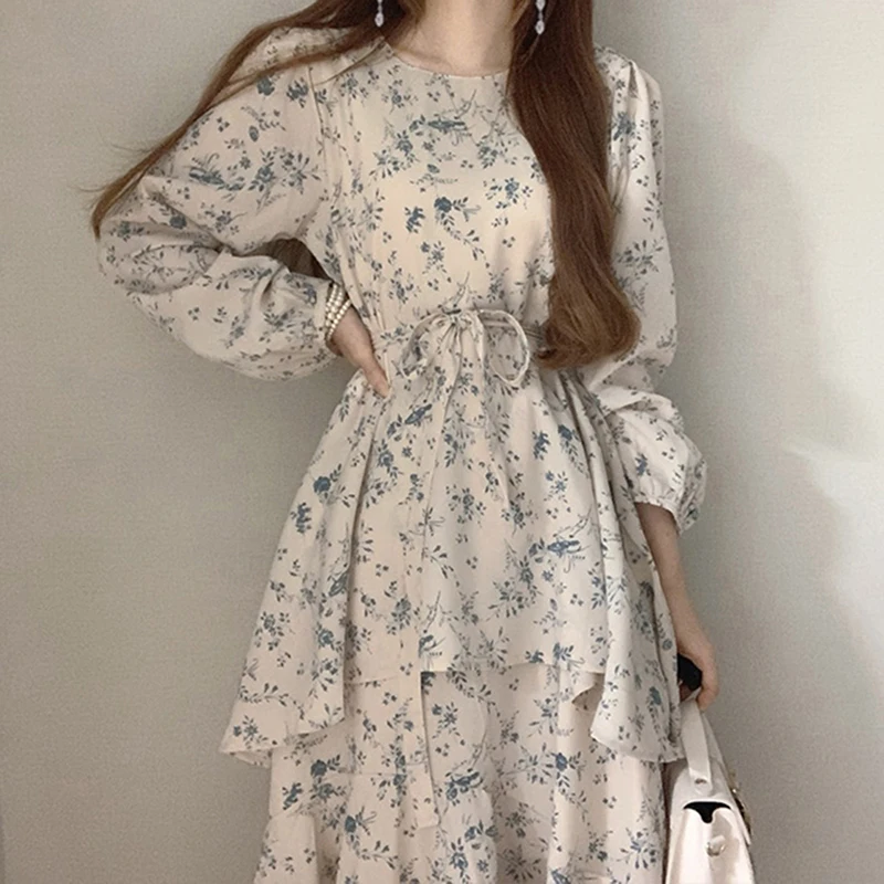 Bohemian Floral Print Dresses Women Fashion Korean Puff Sleeve Midi Dress Elegant Belted Layered Ruffled Hem Vestidos