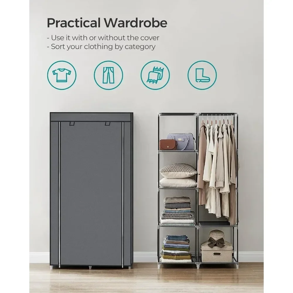 Portable Closet, Clothes Storage Organizer with 6 Shelves, 1 Clothes Hanging Rail, Non-Woven Fabric Closet, Metal Frame