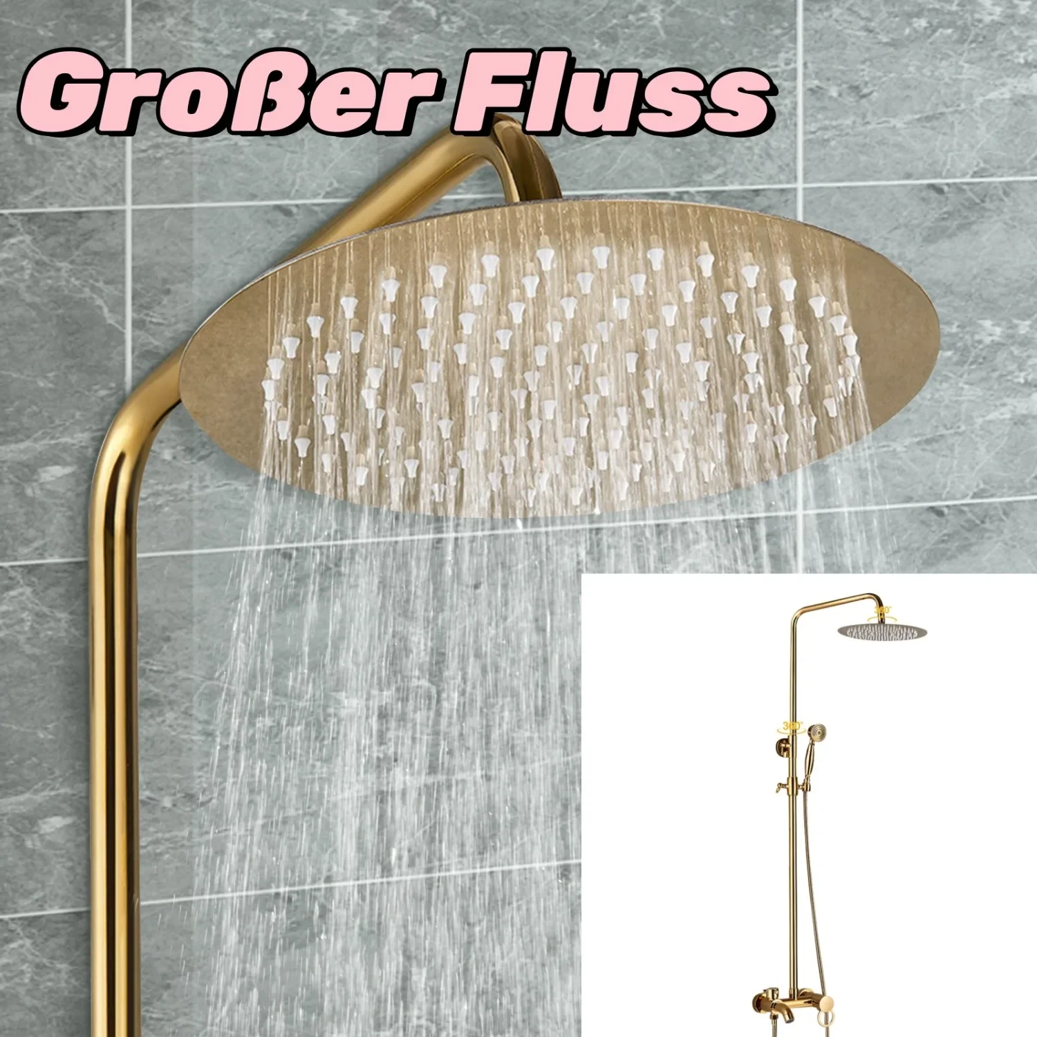 Duschkopf-Set – Regenspray und Handbrause mit Lufteinjektionstechnologie, höhenverstellbar, Gold