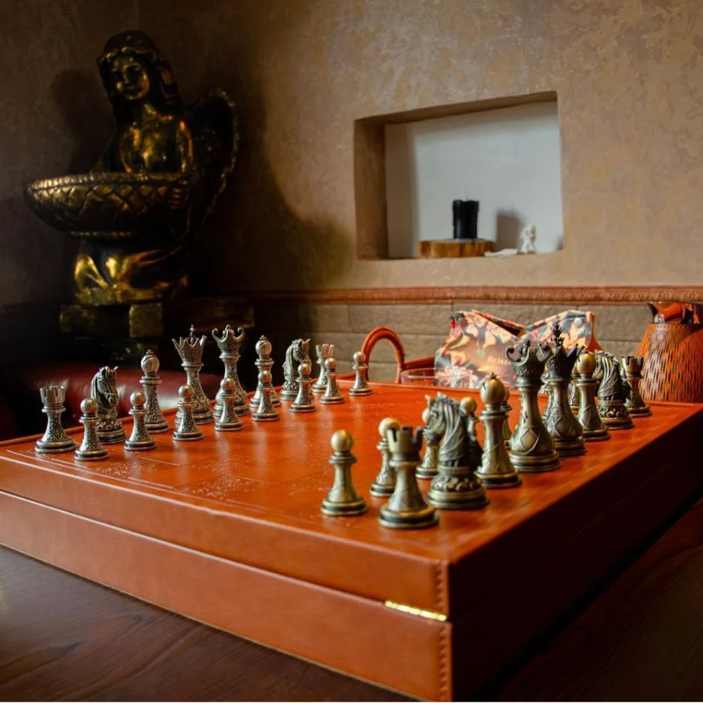 Premium Quality Chess Set, Luxury Leather Chessboard & Storage Box All-in-One, Alloy Silver-Plated Chess Pieces