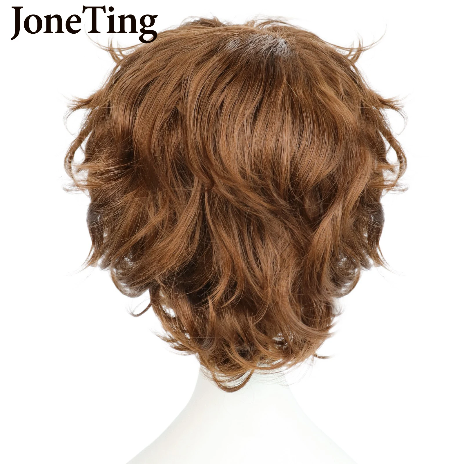 JT Synthetic Brown Men\'s Short Wavy Wigs with Bangs Orange Curly Heat Resistant Fiber Cosplay Wig Machine Made Halloween Party