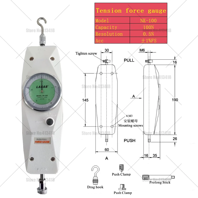 NK-10N 20N 30N 100N 50kgf Analoge krachtmeter, duw- en trekmeter, spanningsmeter, hoogwaardig dynamometer, meetinstrument