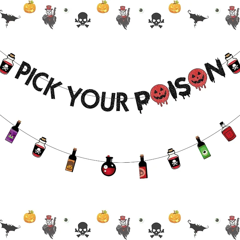 Funmemoir Pick Your Poison Glitter Banner Halloween Party Decoration Poison Bottle Garland for Bar Haunted Houses Decor Supplies