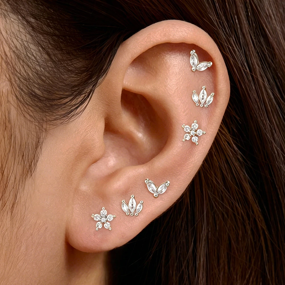 6-teiliges Luxus-Ohrring-Set aus Edelstahl mit Krone für Damen, modische Zirkon-Blumen-Ohrstecker, schlichter ästhetischer Schmuck, Aretes – Detail 2