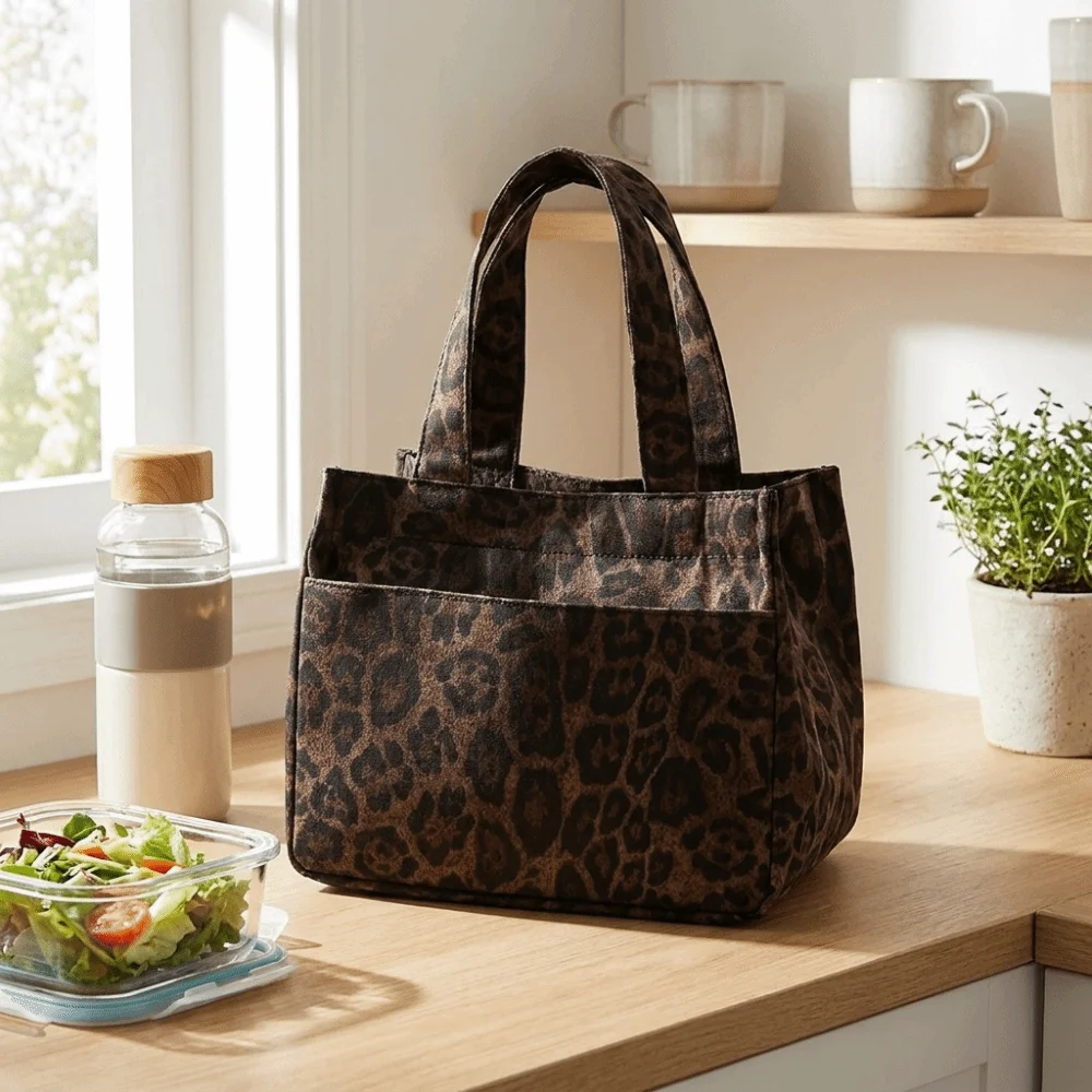 New Leopard Print Leopard Print Lunch Bag Large Capacity Multi Pocket Tote Bag Lightweight Thermal Food Carrier Bag Office