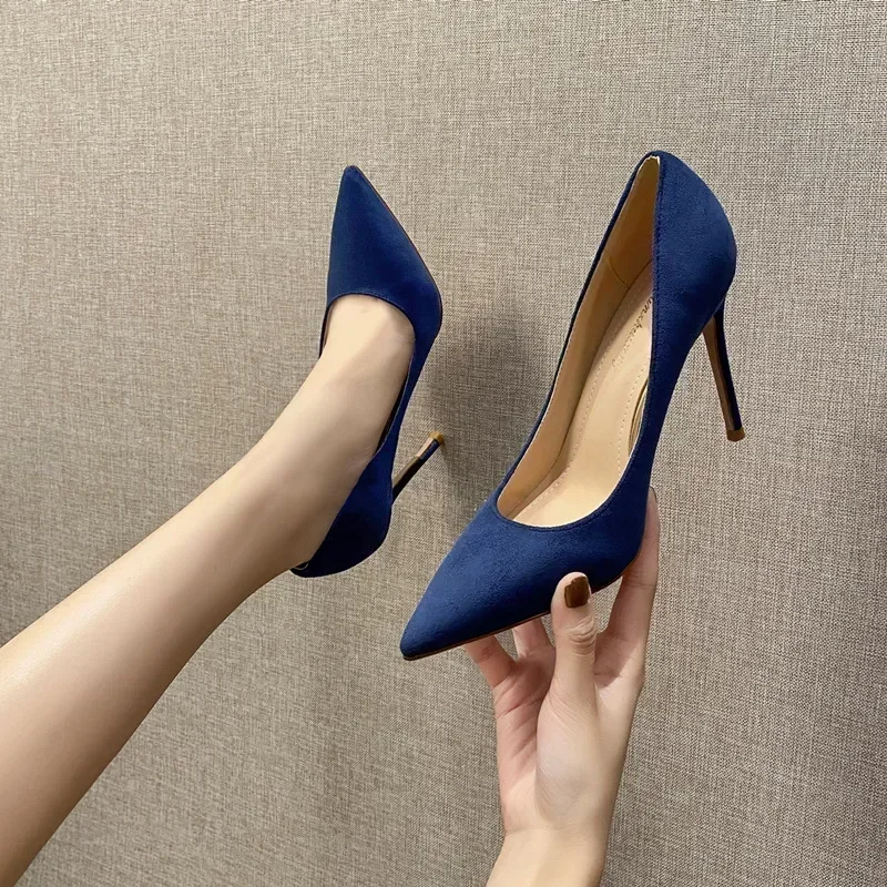 6cm Fashion New Thin High Heel Flock Pointed Toe Pumps Banquet Blue Shoes for Women 39 40 41