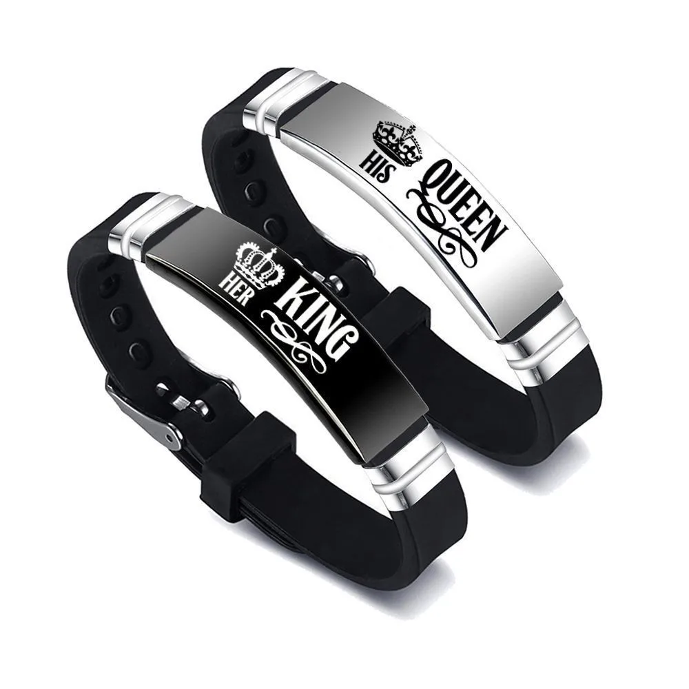 2Pcs/Set His Queen Her King Couple Bracelet Stainless Steel Adjustable Silicone Strap Bangle Valentine\'s Day Custom Jewelry Gift
