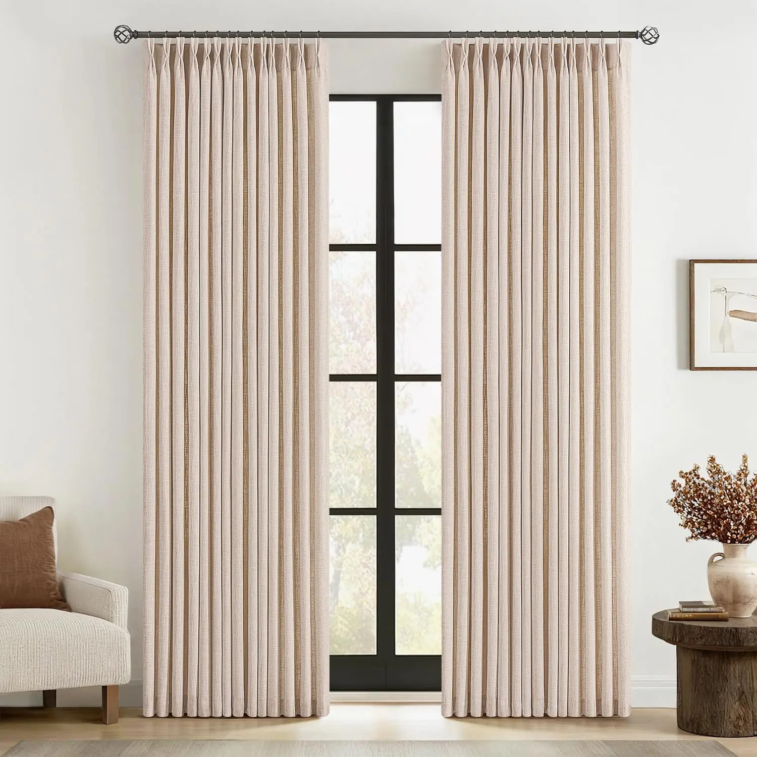 

Pinch Pleated Thick Linen Curtains 96 Inches Long 2 Panels for Living Room Bedroom, Memory Trained Pleat Drapes Light Fi