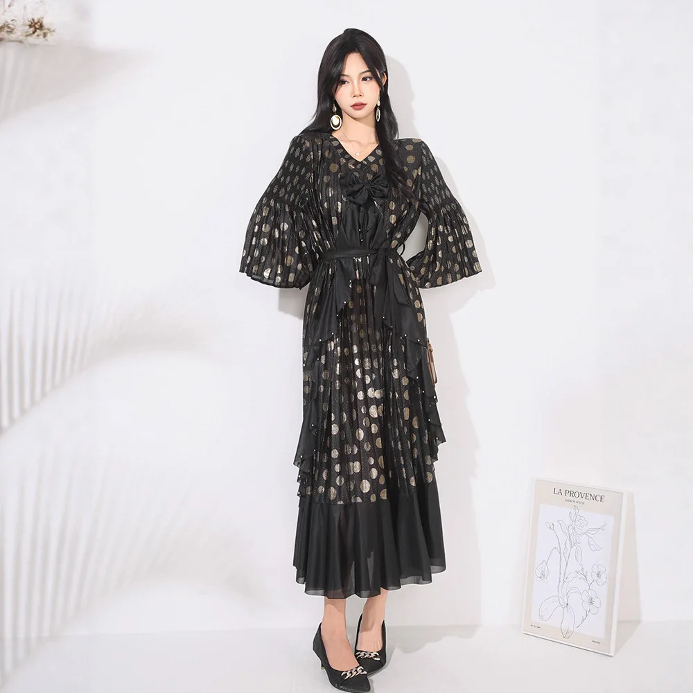 

Miyake Style Fashion Printed Folds Dress Women's V Neck Flare Sleeve Lace Up Waist Retraction Dresses 2025 Summer New Tide